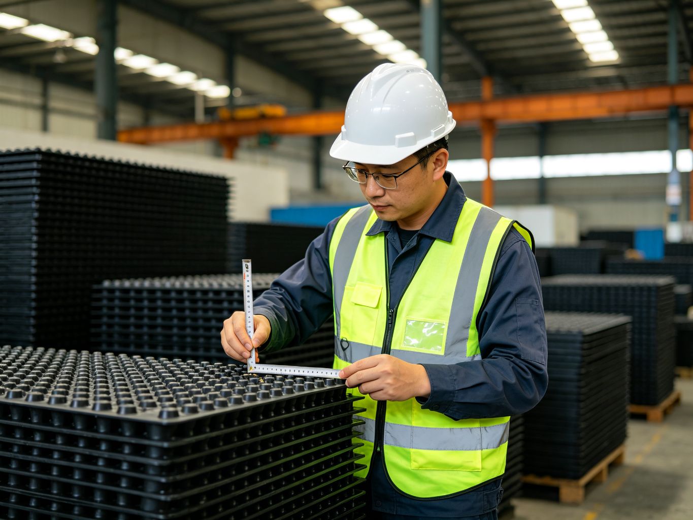 Quality inspector measuring drainage board dimple depth in warehouse