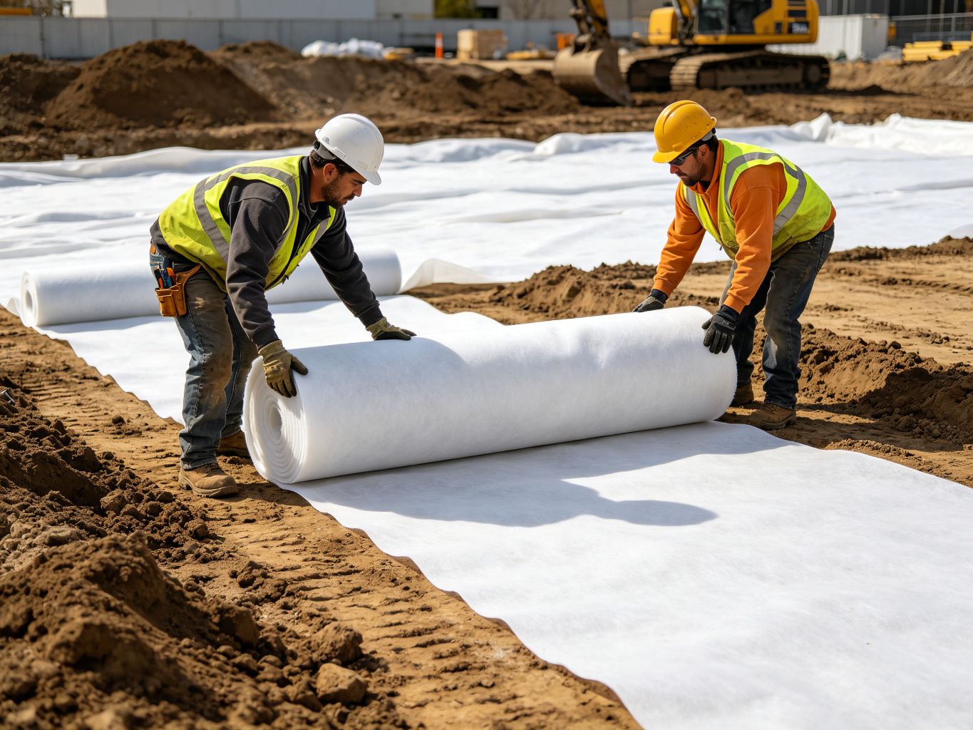 Workers rolling out geotextile fabric over soil at construction site