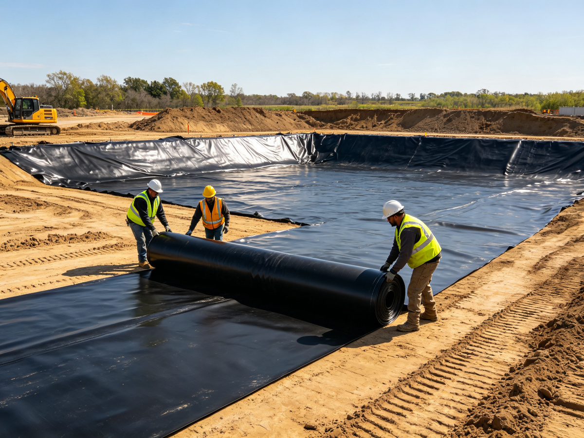 HDPE geomembrane installation on site following construction standards